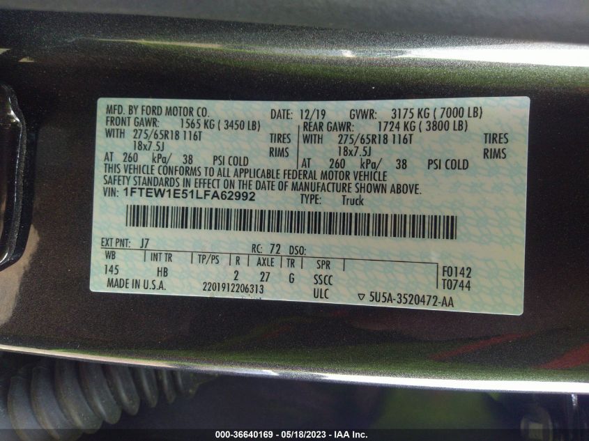 2020 FORD F-150 XL/XLT/LARIAT - 1FTEW1E51LFA62992