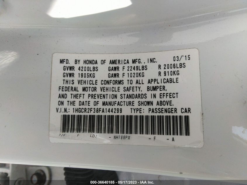 2015 HONDA ACCORD SEDAN LX - 1HGCR2F38FA144299
