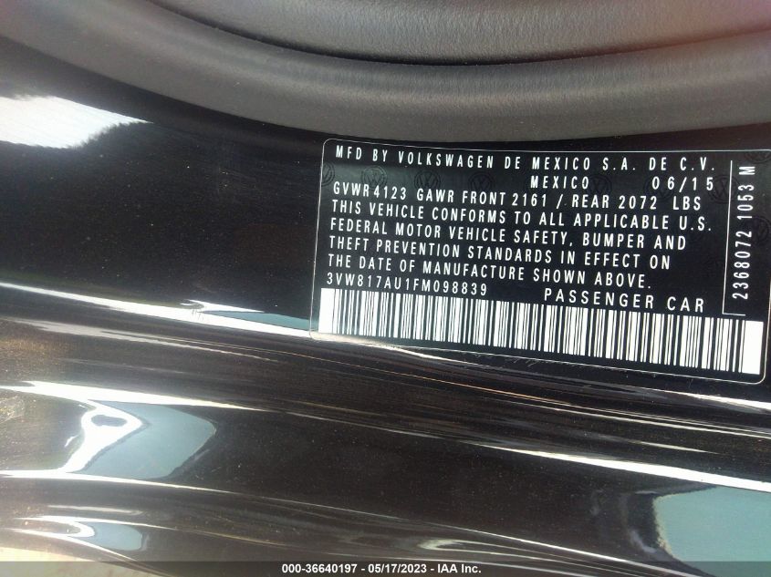 2015 VOLKSWAGEN GOLF TSI S - 3VW817AU1FM098839