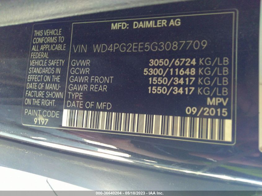 2016 MERCEDES-BENZ METRIS PASSENGER VAN WD4PG2EE5G3087709