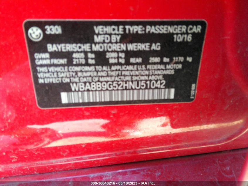 2017 BMW 3 SERIES 330I - WBA8B9G52HNU51042