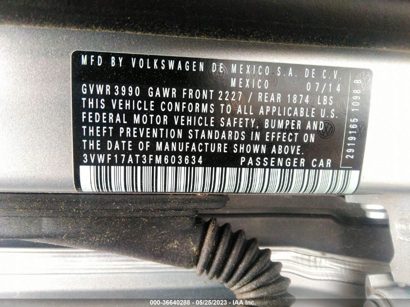 2015 VOLKSWAGEN BEETLE COUPE 1.8T CLASSIC - 3VWF17AT3FM603634