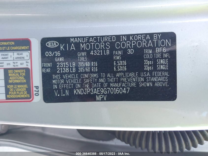 2016 KIA SOUL EV KNDJP3AE9G7016047