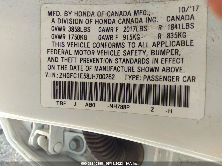 2018 HONDA CIVIC SI SEDAN 2HGFC1E58JH700262