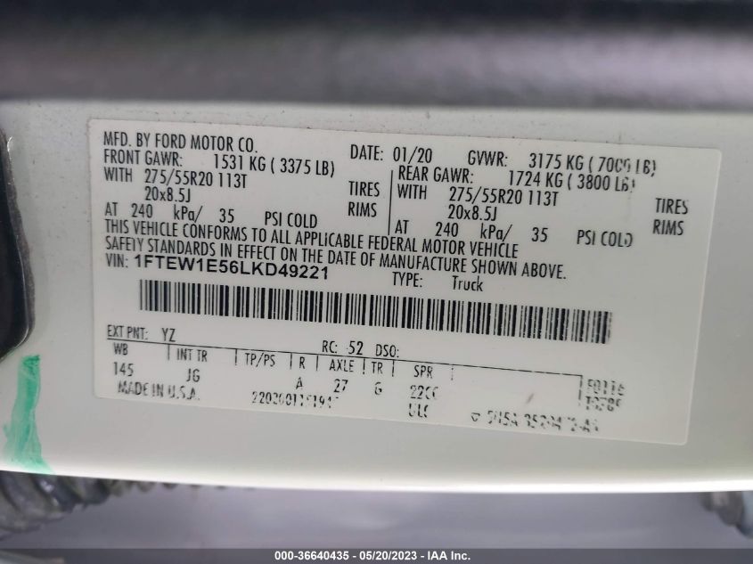 2020 FORD F-150 XL/XLT/LARIAT - 1FTEW1E56LKD49221
