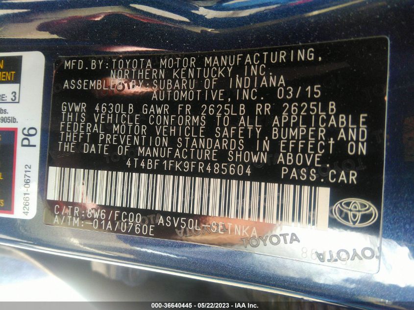 2015 TOYOTA CAMRY XLE/SE/LE/XSE - 4T4BF1FK9FR485604