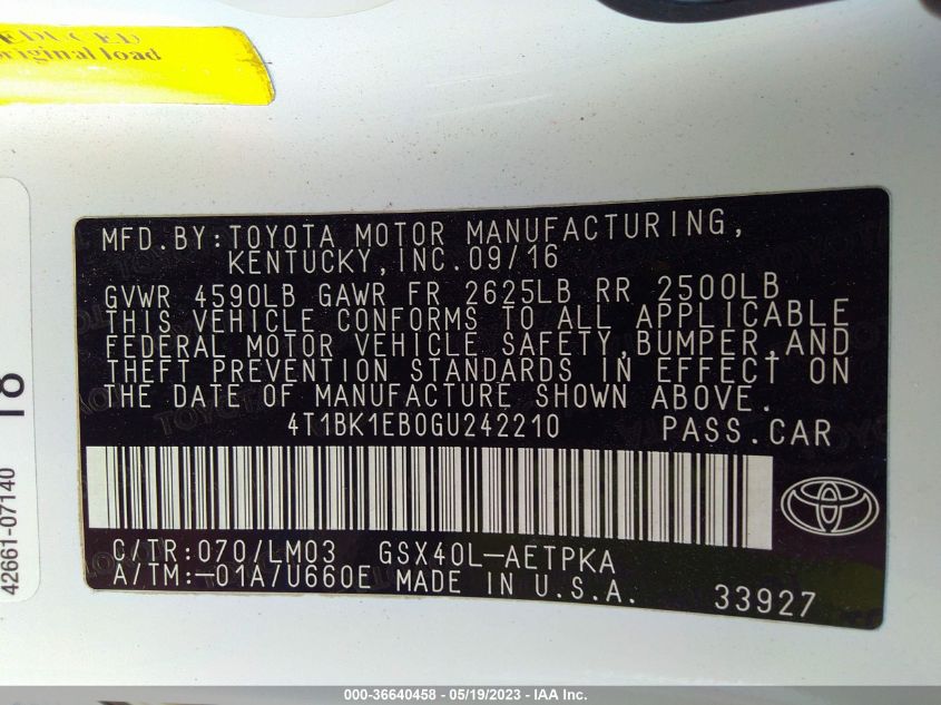 2016 TOYOTA AVALON LIMITED - 4T1BK1EB0GU242210