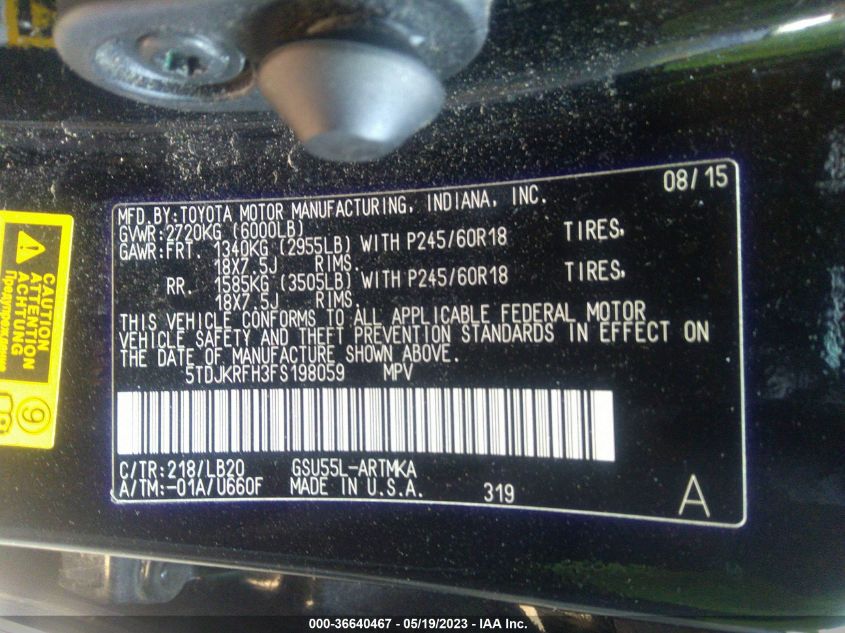 2015 TOYOTA HIGHLANDER XLE - 5TDJKRFH3FS198059