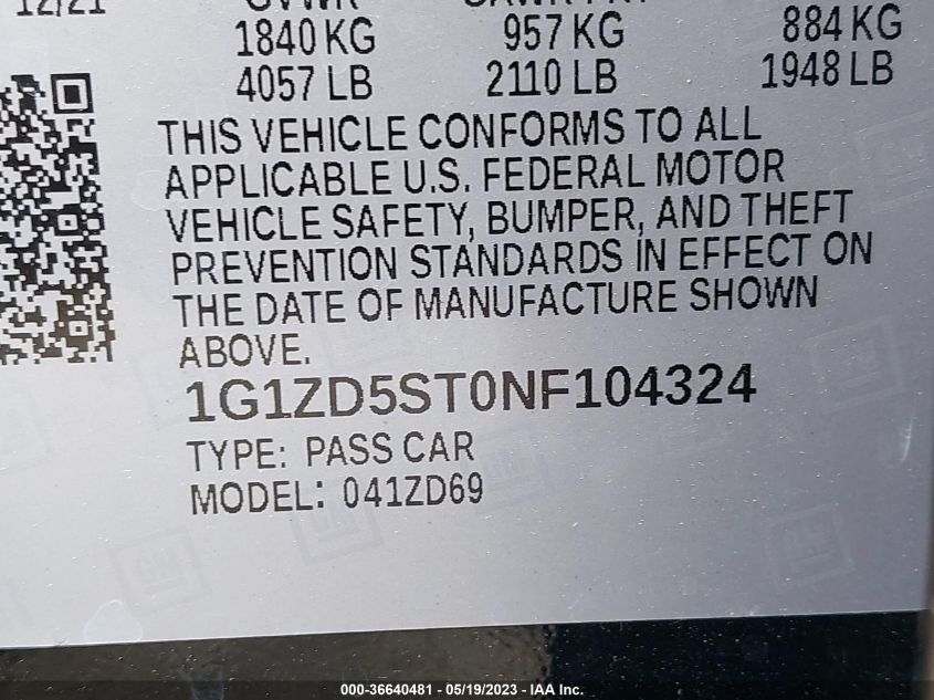 2022 CHEVROLET MALIBU LT - 1G1ZD5ST0NF104324
