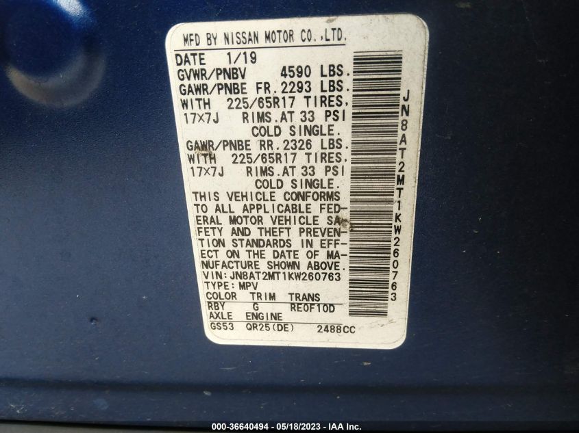 2019 NISSAN ROGUE SV - JN8AT2MT1KW260763