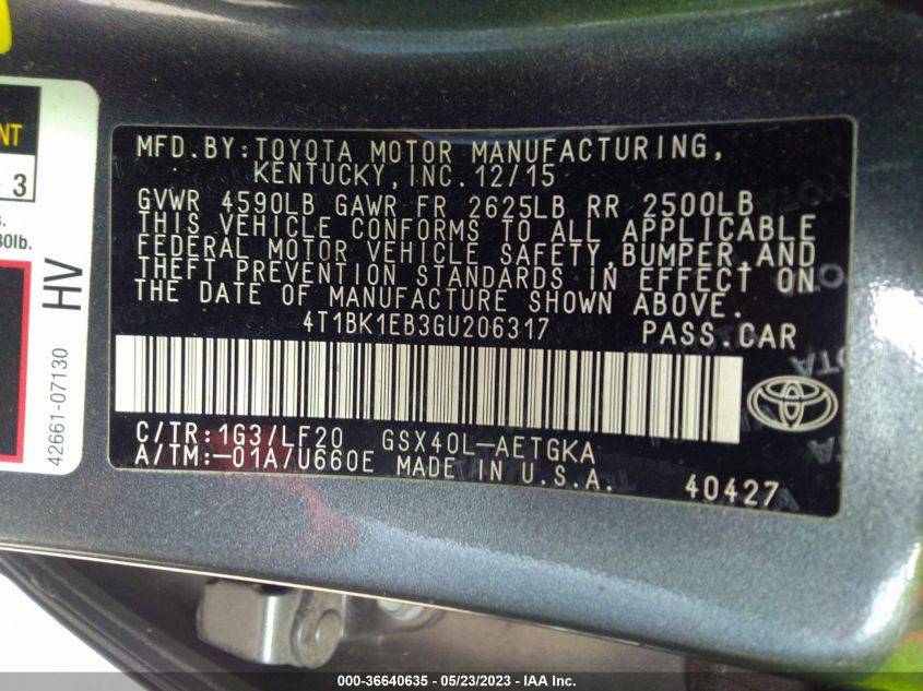 2016 TOYOTA AVALON LIMITED/TOURING/XLE - 4T1BK1EB3GU206317