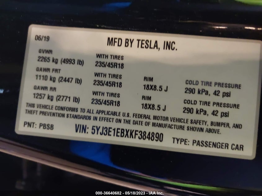 VIN 5YJ3E1EBXKF384890 2019 TESLA MODEL 3 LONG RANGE/PERFORMANCE