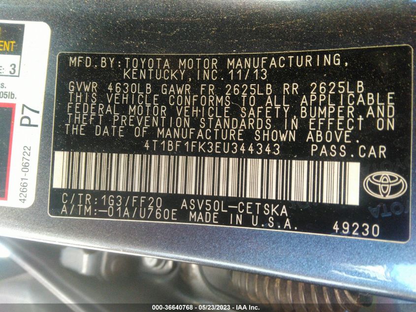 2014 TOYOTA CAMRY L/LE/XLE/SE/SE SPORT - 4T1BF1FK3EU344343