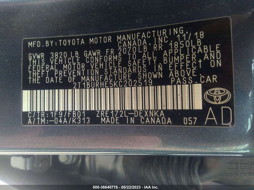 2019 TOYOTA COROLLA LE - 2T1BURHE5KC202519