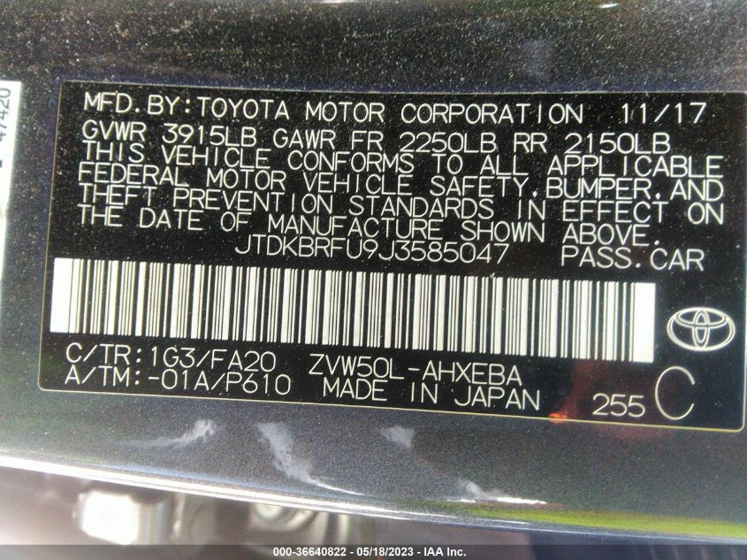 2018 TOYOTA PRIUS TWO/TWO ECO/THREE - JTDKBRFU9J3585047