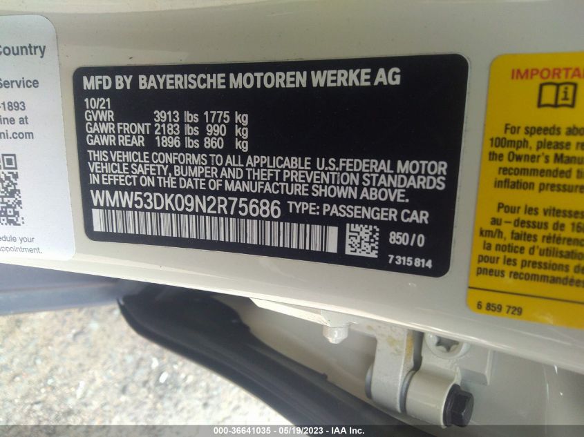 2022 MINI HARDTOP 4 DOOR COOPER S WMW53DK09N2R75686