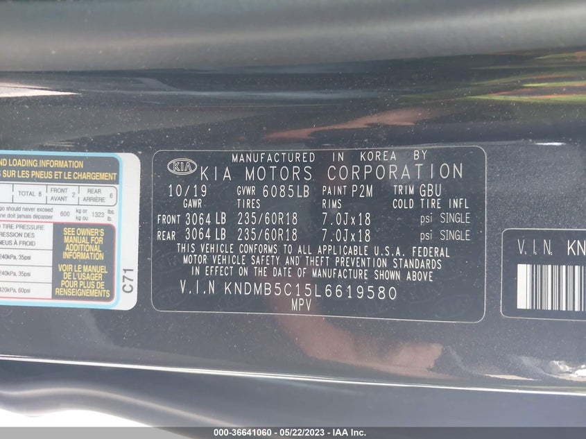 VIN KNDMB5C15L6619580 2020 KIA SEDONA EX