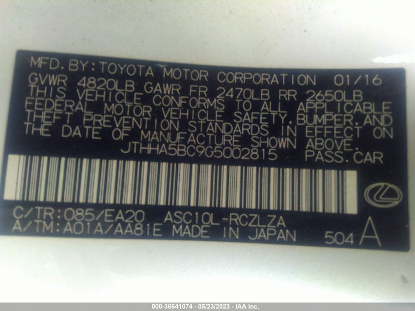2016 LEXUS RC 200T - JTHHA5BC9G5002815