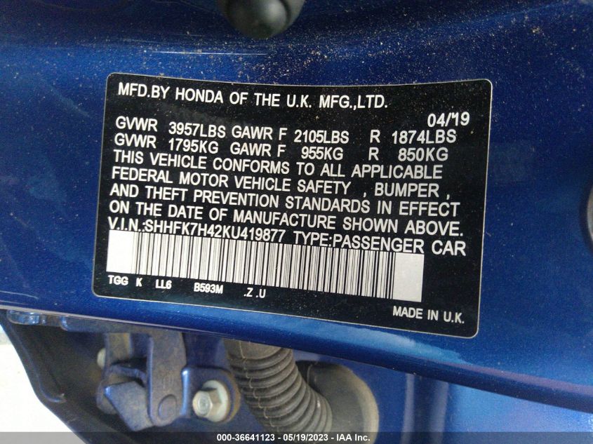 2019 HONDA CIVIC HATCHBACK SPORT - SHHFK7H42KU419877