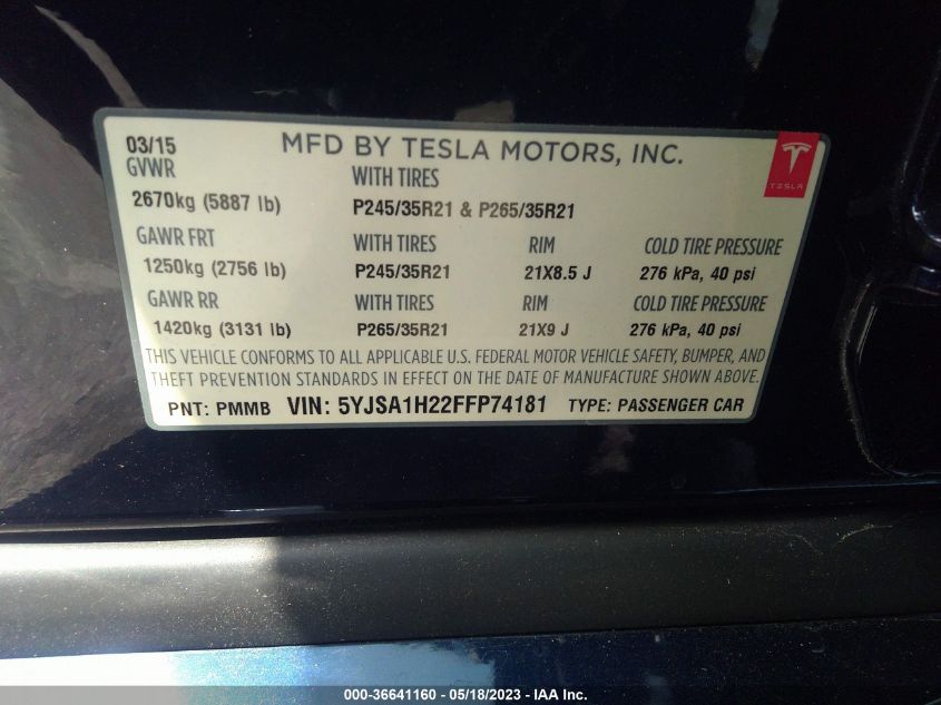 2015 TESLA MODEL S 85D/P85D/70D/90D/P90D - 5YJSA1H22FFP74181
