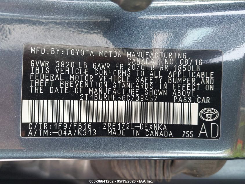 2016 TOYOTA COROLLA L/LE/S/S PLUS/LE PLUS - 2T1BURHE5GC738457