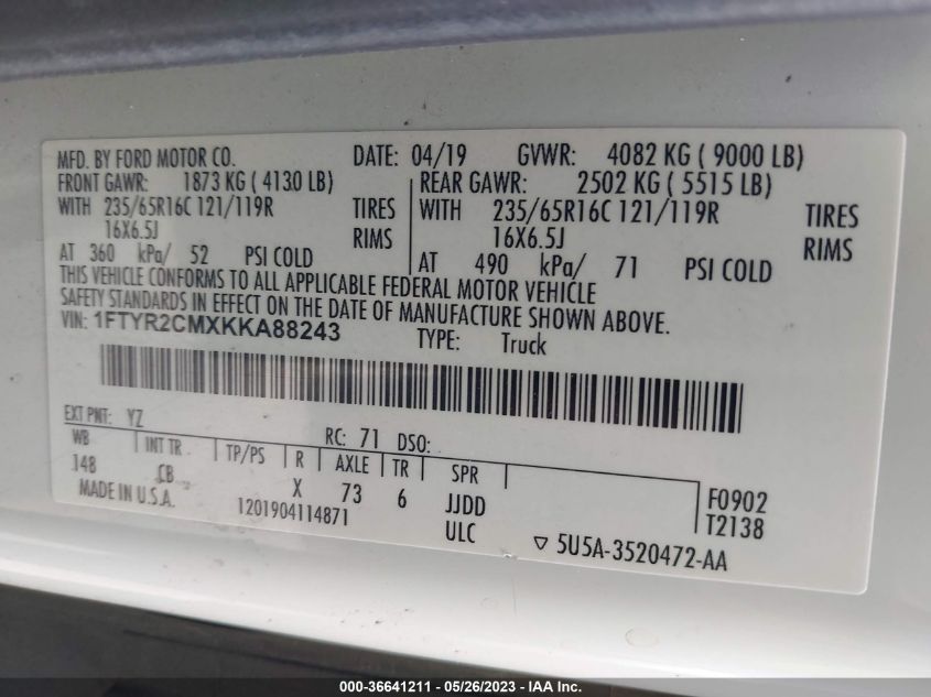 2019 FORD TRANSIT VAN - 1FTYR2CMXKKA88243