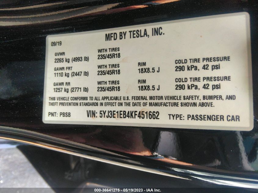 2019 TESLA MODEL 3 LONG RANGE/PERFORMANCE - 5YJ3E1EB4KF451662