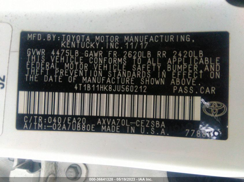 2018 TOYOTA CAMRY LE/SE/XLE/L - 4T1B11HK8JU560212