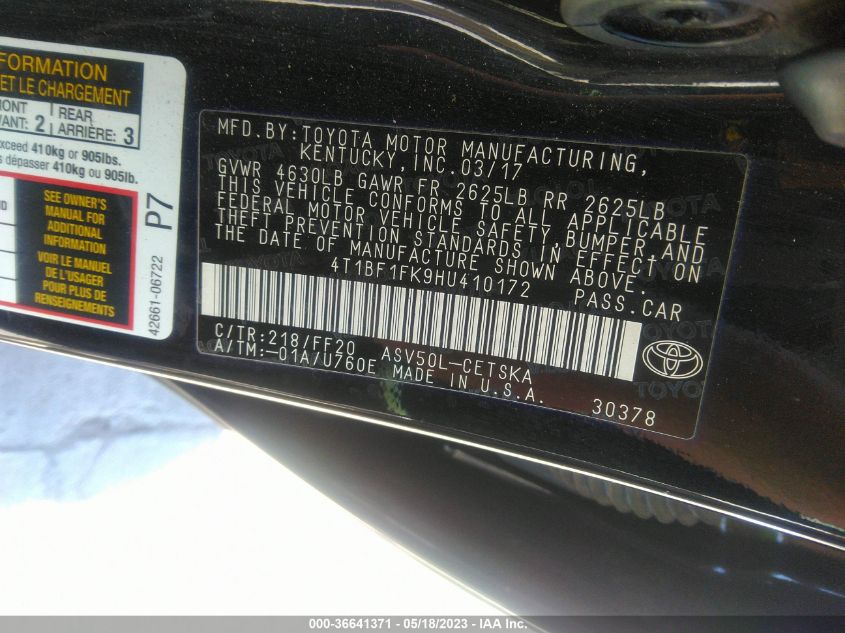 2017 TOYOTA CAMRY XLE/SE/LE/XSE - 4T1BF1FK9HU410172