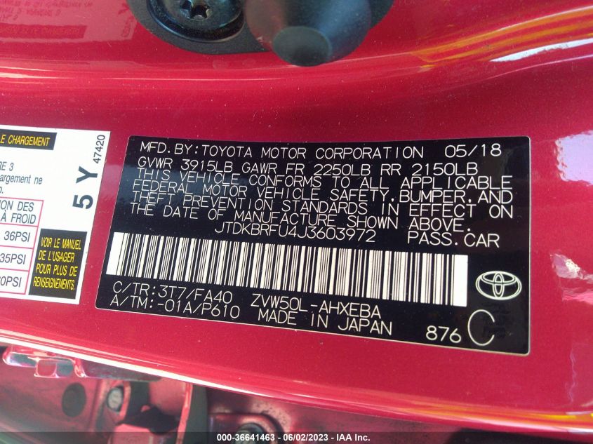 2018 TOYOTA PRIUS TWO/TWO ECO/THREE - JTDKBRFU4J3603972