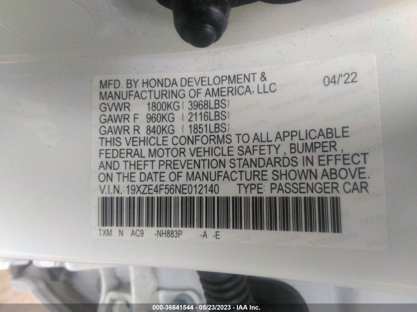 2022 HONDA INSIGHT EX 19XZE4F56NE012140