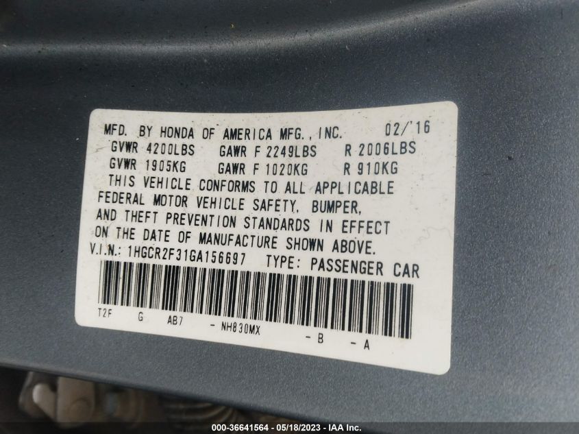 2016 HONDA ACCORD SEDAN LX - 1HGCR2F31GA156697