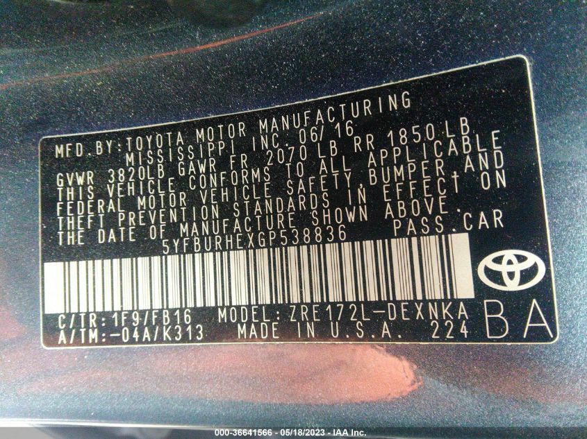 2016 TOYOTA COROLLA L/LE/S/S PLUS/LE PLUS - 5YFBURHEXGP538836