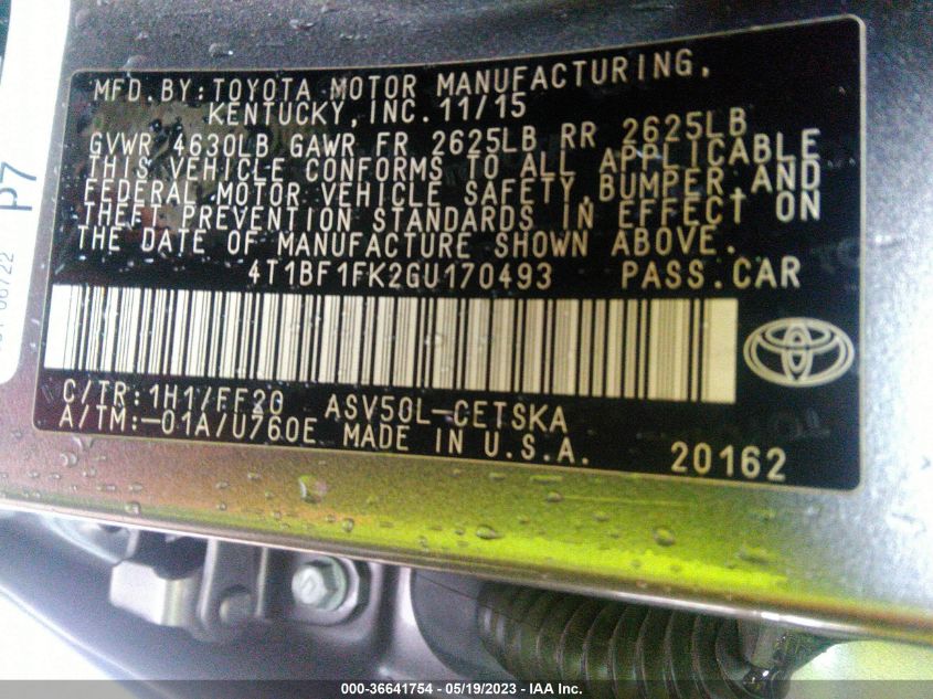 2016 TOYOTA CAMRY SE - 4T1BF1FK2GU170493