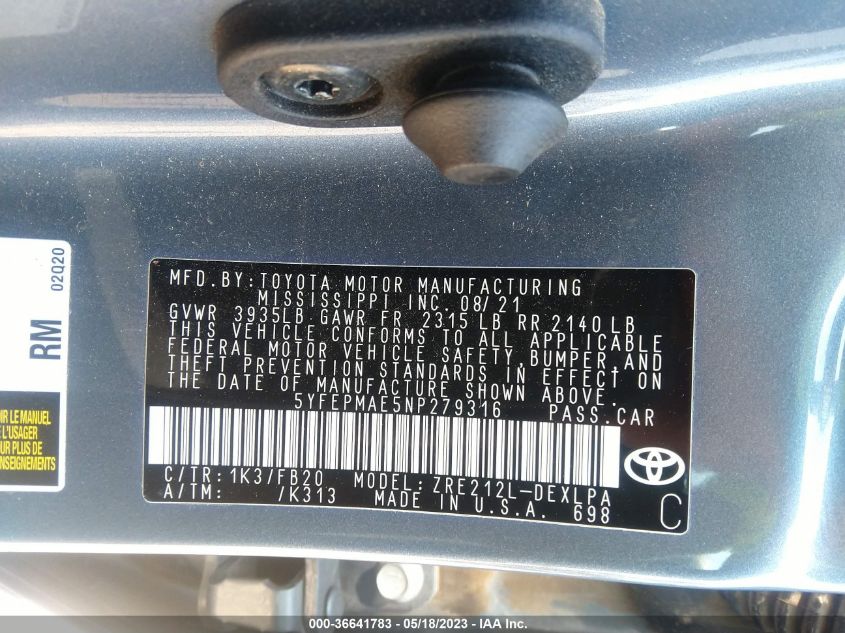 2022 TOYOTA COROLLA LE - 5YFEPMAE5NP279316