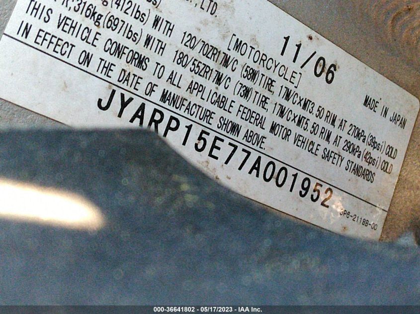 2007 YAMAHA FJR1300 JYARP15E77A001952