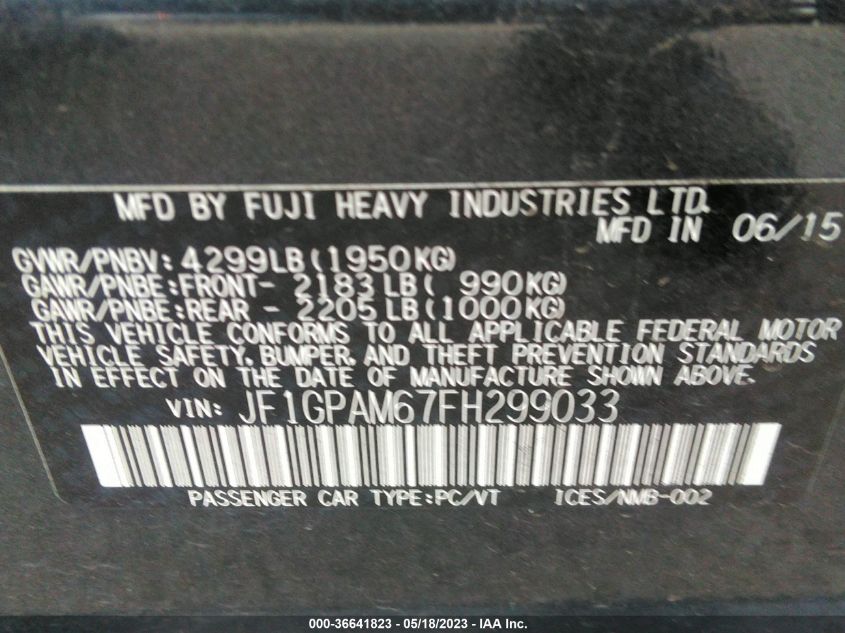 2015 SUBARU IMPREZA WAGON 2.0I LIMITED - JF1GPAM67FH299033