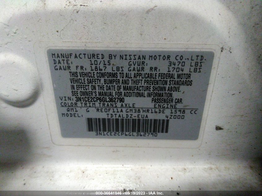 2016 NISSAN VERSA NOTE S/S PLUS/SV/SR/SL - 3N1CE2CP6GL362790