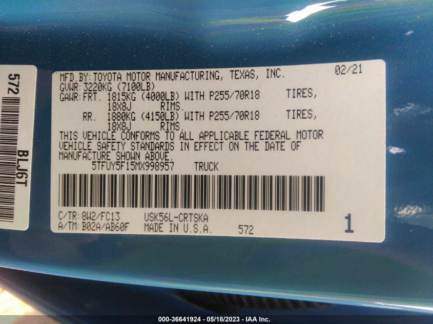 2021 TOYOTA TUNDRA 4WD SR/SR5/TRD PRO - 5TFUY5F15MX998957