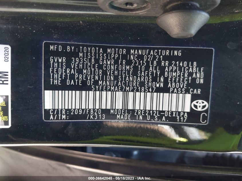 2021 TOYOTA COROLLA LE - 5YFEPMAE7MP218547