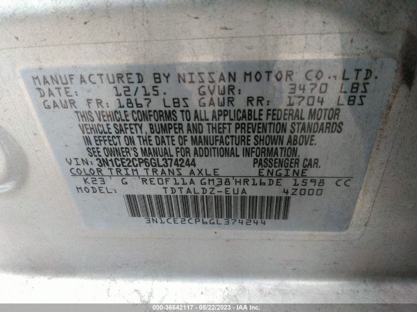 2016 NISSAN VERSA NOTE SV - 3N1CE2CP6GL374244