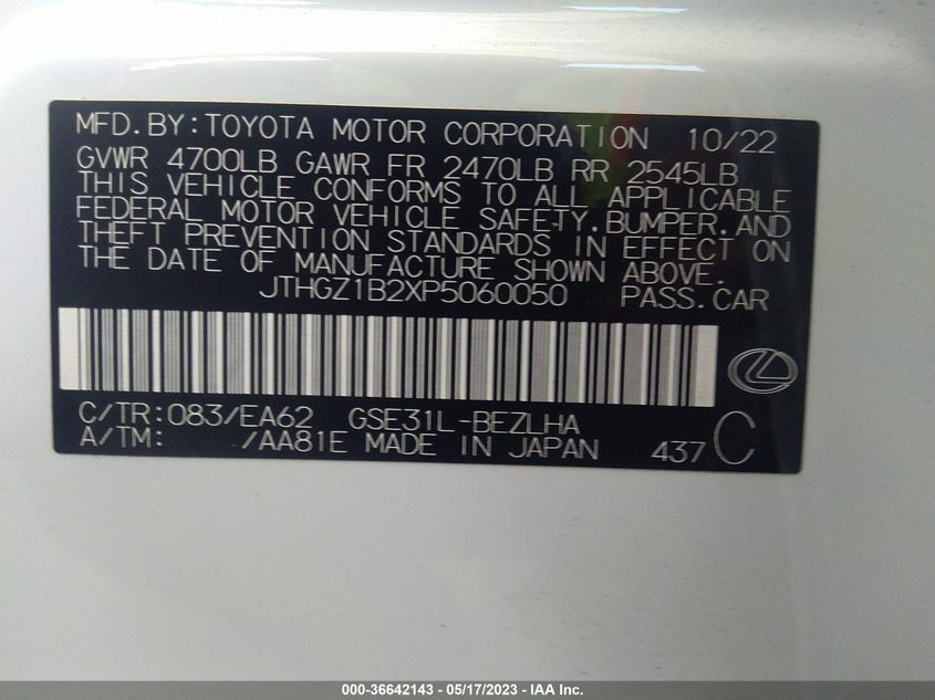VIN JTHGZ1B2XP5060050 2023 LEXUS IS IS 350 F SPORT