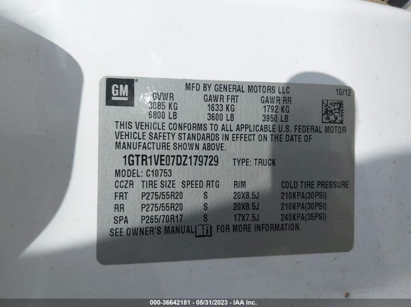 2013 GMC SIERRA 1500 SLE - 1GTR1VE07DZ179729