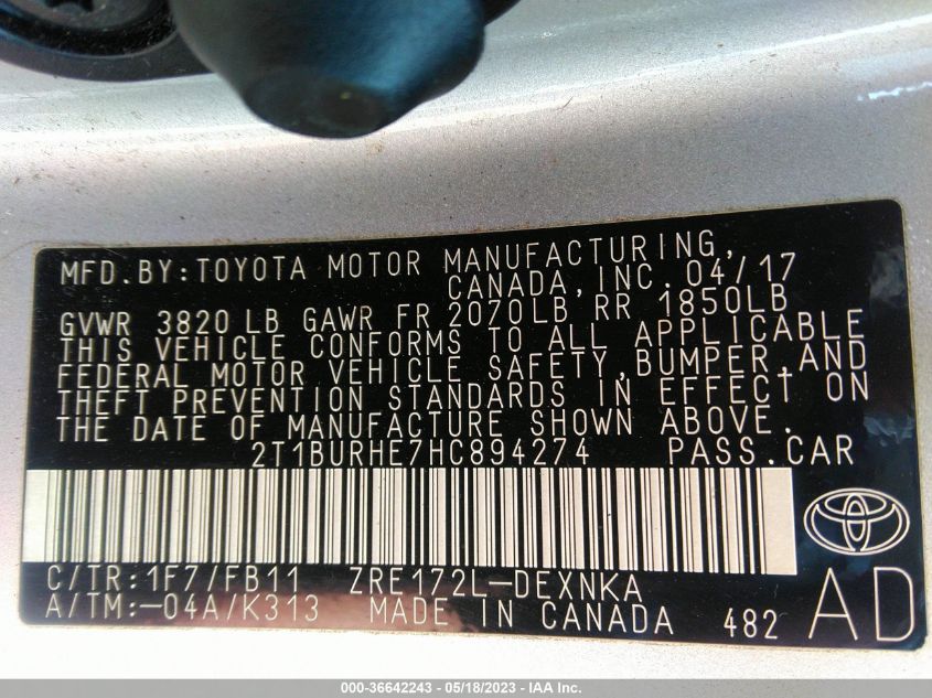 2017 TOYOTA COROLLA L/LE/XLE/SE - 2T1BURHE7HC894274