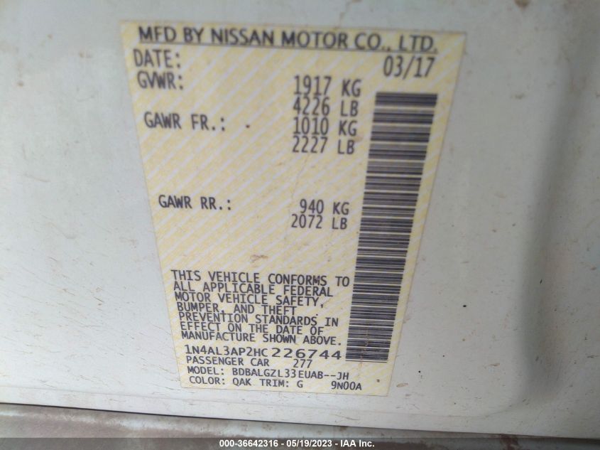2017 NISSAN ALTIMA 2.5 S - 1N4AL3AP2HC226744
