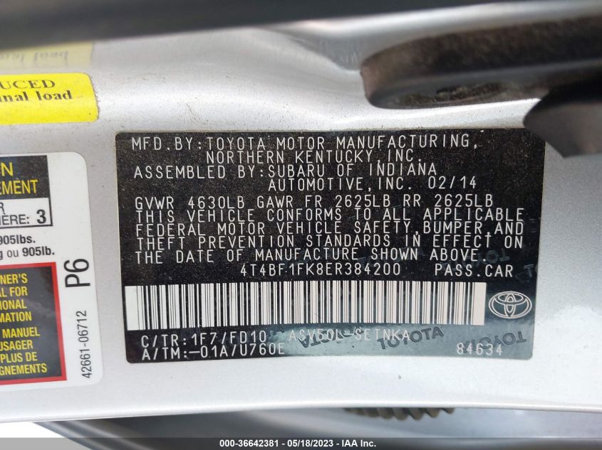 2014 TOYOTA CAMRY L/LE/XLE/SE/SE SPORT - 4T4BF1FK8ER384200