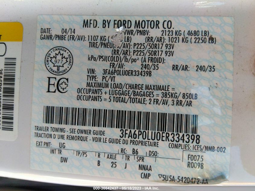 2014 FORD FUSION SE HYBRID - 3FA6P0LU0ER334398