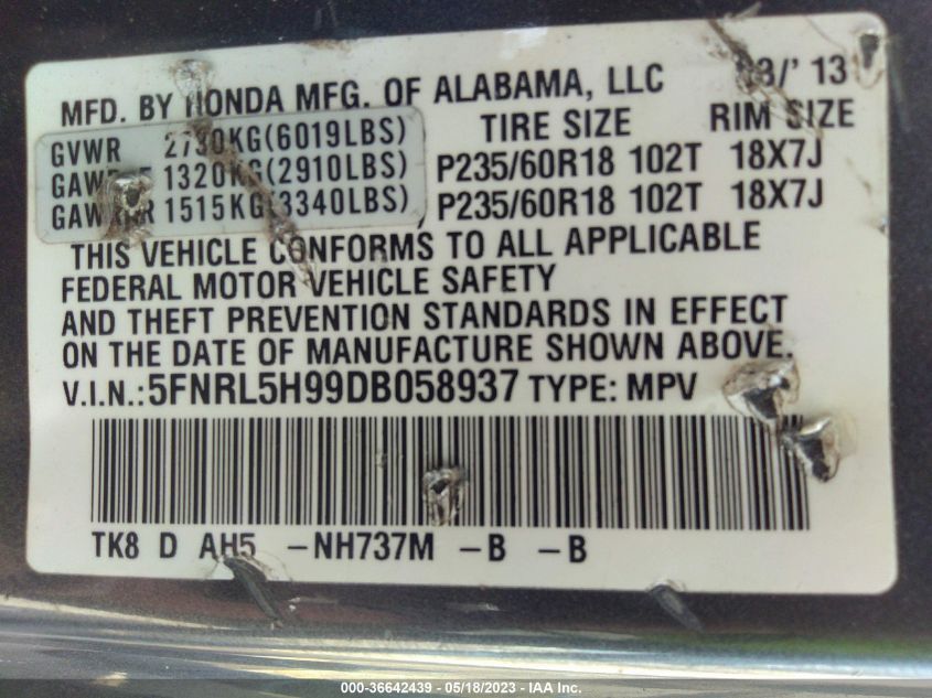 2013 HONDA ODYSSEY TOURING - 5FNRL5H99DB058937