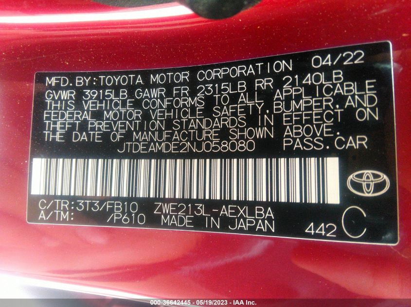 2022 TOYOTA COROLLA HYBRID LE - JTDEAMDE2NJ058080