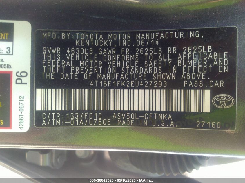 2014 TOYOTA CAMRY L/LE/XLE/SE/SE SPORT - 4T1BF1FK2EU427293